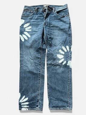 Madewell Mid-Blue The Dean Straight-Leg Jeans with White Daisy Bleach Motifs